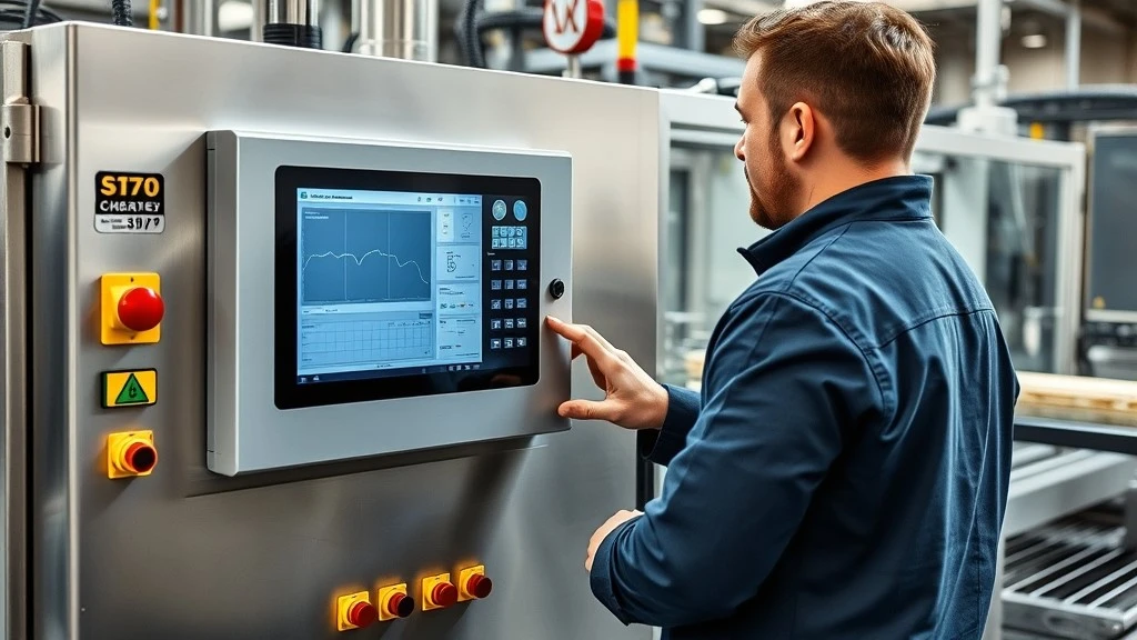 A machine operator uses a panel-mounted HMI to monitor and adjust a packaging machine A machine operator uses a panel-mounted HMI to monitor and adjust a packaging machine